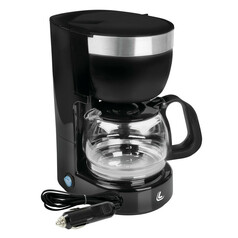 Schwarze Kaffeemaschine mit silbernem Akzent, Glaskanne, blauem Schalter und Zigarettenanz�nderstecker.