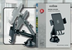 Schwarze Handyhalterung mit Saugnapf, 360� verstellbar, auf Verpackung und in verschiedenen Ansichten.