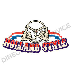Aufkleber mit beigem Lenkrad, H�nden und holl�ndischer Flagge. Roter Text: HOLLAND STYLE.