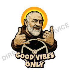 DTS Aufkleber mit l�chelndem Cartoon-Mann, Bart, Lenkrad und "GOOD VIBES ONLY" Schriftzug.