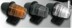DTS Sim LED Toplampen in Orange, Dunkelgrau und Klar mit schwarzem Sockel.