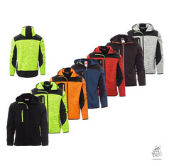 Mehrere Strick-Softshell Jacken TRIP in Neongr�n, Schwarz, Orange, Blau, Rot, Grau, mit schwarzen Softshell-Eins�tzen.