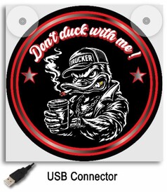 Leuchtkasten mit Motiv Angry Duck in schwarz, wei� und rot. USB-Anschluss abgebildet.