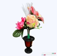 Handgemachter Deko Blumenstrau� mit Rosen und Lilien, wei�er LED-Beleuchtung, im Sockel mit Zigarettenanz�nder.