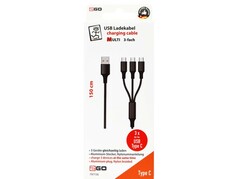 Schwarzes 2GO USB Ladekabel aus Nylon mit 3x USB C Anschl�ssen, 1,5m L�nge.