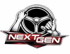 DTS Aufkleber Lenkrad Next Gen: Schwarz-wei�es Lenkrad mit H�nden, darunter roter Schriftzug "NEXT GEN".