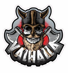 DTS Aufkleber: Totenkopf im Wikingerhelm mit �xten und Schriftzug "VALHALLA".
