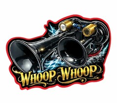 DTS Aufkleber Bad Boy mit zwei schwarzen LKW-Hupen und Schriftzug "Whoop Whoop".