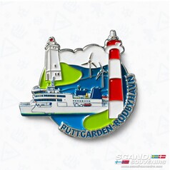 Emaille-Pin mit F�hre, Leuchtt�rmen, Windr�dern und Schriftzug "Puttgarden-R�dbyhavn".