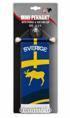 Mini Wimpel Sverige mit Elch und Fransen, inklusive Saugnapf.