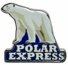 DTS PIN Polar Express: wei�er Eisb�r auf blauem Grund mit silbernem Rand. Text "POLAR EXPRESS".