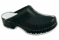 Schwarzer DTS PIN Danish Clog mit wei�er Naht und silbernem Rand.