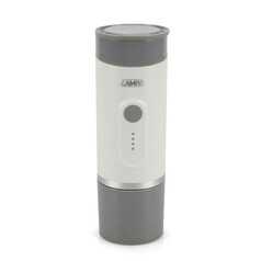 Tragbare Kaffeemaschine Cafyn Flow in Wei� und Grau, mit Ladeanzeige und Logo.