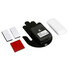 Komponenten des LED Dekoschilds "Hand": Schwarze Handform, wei�e Fernbedienung und Klettband.