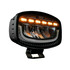 Ovaler LED Fernscheinwerfer PILOT mit schwarzem Aluminiumgeh�use, klarer Polycarbonatlinse und leuchtender Warnleuchte.