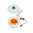 Elektrischer Kochtopf mit Pasta, abgenommenem Glasdeckel, Griff und Zigarettenanz�nder-Kabel. Wei� mit roten F��en.