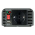 Grauer Power Inverter mit Schuko-Steckdose, rotem Schalter, USB-Anschluss und Anzeigeleuchten. Text: power protect, DC 5V.
