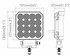 Technische Zeichnung einer quadratischen LED-Arbeitsleuchte mit Halterung und Ma�en.